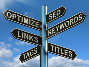 SEO Optimize Keywords Links Signpost Showing Website Marketing Optimization